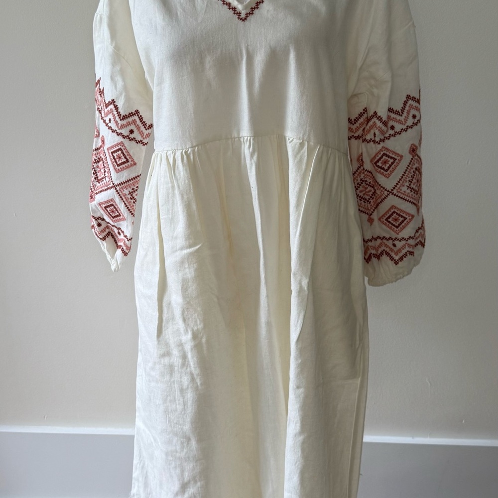 Madewell Cream Dress with Red Embroidery